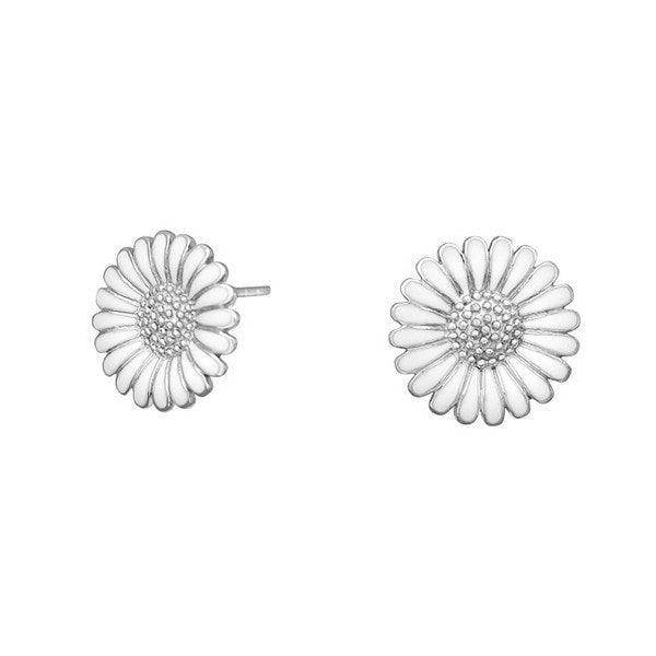 Siersbøl marguerit ørestikker i sølv med hvid emalje, 10 mm.